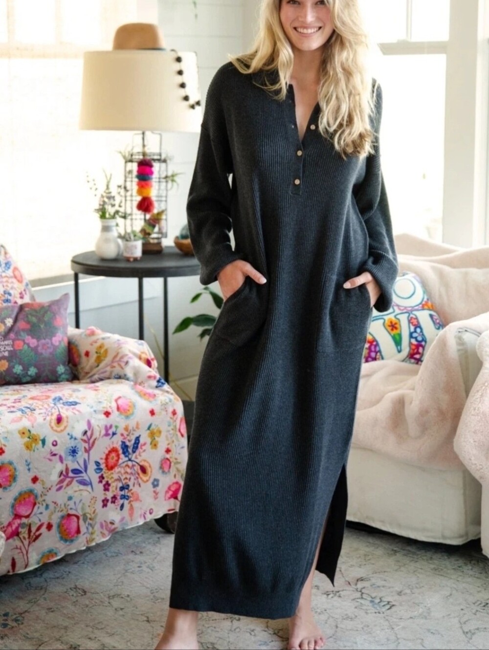 Natural Life Maxi Sweater Dress Womens S/M Charcoal Ribbed Comfort Boho Casual
